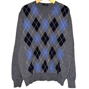 Mario Gilberti Men’s Size XL Gray Blue Argyle Merino Wool V-Neck Sweater